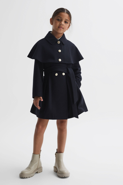 Reiss Kids' Rose - Navy Junior Wool Shoulder Cape Coat, Age 8-9 Years