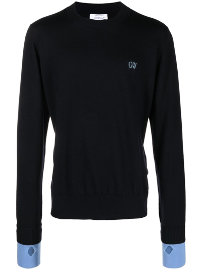 Off-white Wool Logoed Sweater With Layered Sleeves In Blue