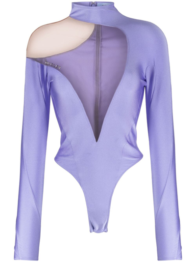 Mugler Illusion Asymmetric Bodysuit Top In Violett