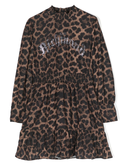 John Richmond Junior Kids' Logo-embellished Leopard-print Dress In Brown