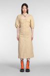 Ganni Short Sleeve Cotton Poplin Gathered Open-neck Maxi Dress In Beige