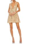 Mac Duggal Sequined Structured Bishop Sleeve Mini Dress In Beige/ Gold