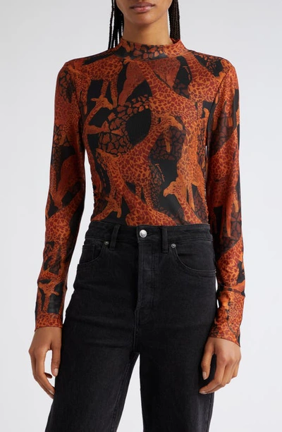 Farm Rio Giraffes Tulle Long Sleeve Top In Giraffes Black