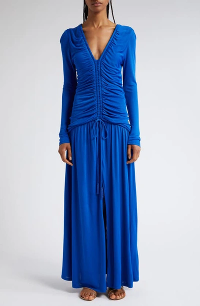 Farm Rio Ruched Long Sleeve Dress In Bright Blue