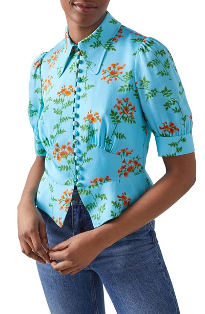 Lk Bennett Esme Norse Floral Peplum Shirt In Blue