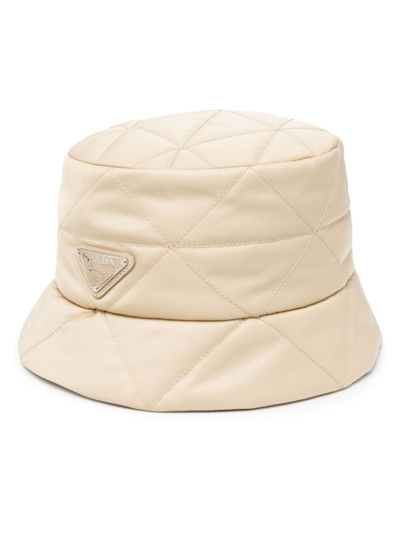 Prada Neutral Triangle Logo Quilted Bucket Hat In Neutrals