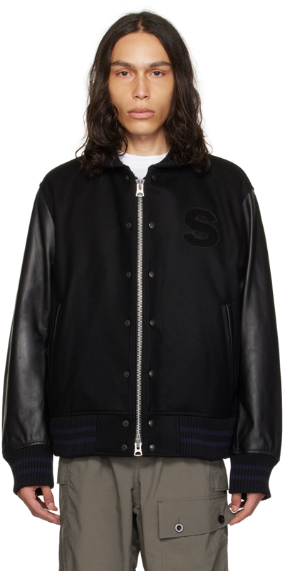 Sacai Interstellar Wool And Faux Leather Varsity Jacket In Black