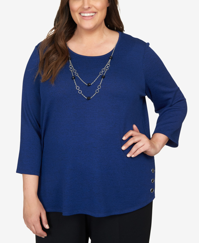 Alfred Dunner Plus Size Downtown Vibe Heather Melange Crew Neck Top With Necklace In Royal Blue