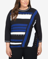 ALFRED DUNNER PLUS SIZE DOWNTOWN VIBE SPLICED COLORBLOCK 3/4 SLEEVE SWEATER
