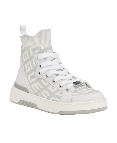 Guess Women's Mannen Knit Lace Up Hi Top Fashion Sneakers In White Logo