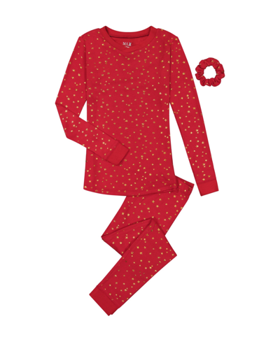 Max & Olivia Big Girls Tight Fit Pajama Top, Pants And Scrunchie, 3 Piece Set In Red