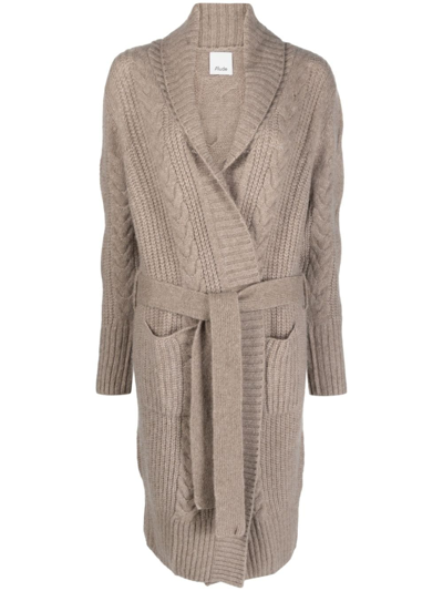 Allude Belted-waist Cable-knit Cardigan In Neutrals