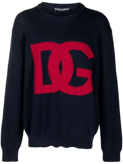 Dolce & Gabbana Intarsia-knit Logo Wool Jumper In Blue