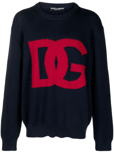 Dolce & Gabbana Crewneck Pullover With Jacquard Logo In Black