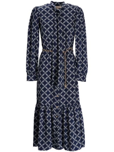 Michael Michael Kors Empire Logo Print Satin Belted Dress In Blue