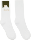 Rhude White & Green Mountain Logo Socks In White/olive/tan