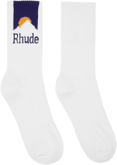 Rhude Moonlight Intarsia-knit Logo Crew Socks In White/navy/mustar