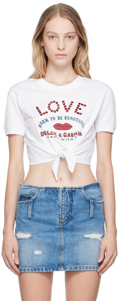 Dolce & Gabbana T-shirt Cropped In Jersey Con Nodo In Weiss