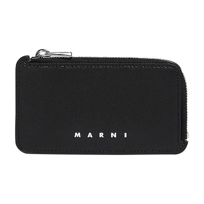 Marni Logo-print Bi-colour Zipped Leather Cardholder In Black_blublack