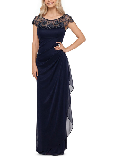 Xscape Petites Womens Embellished Long Evening Dress In Blue