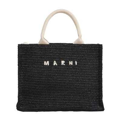 Marni Brown Raffia Small Horizontal Shopper In Black_natural