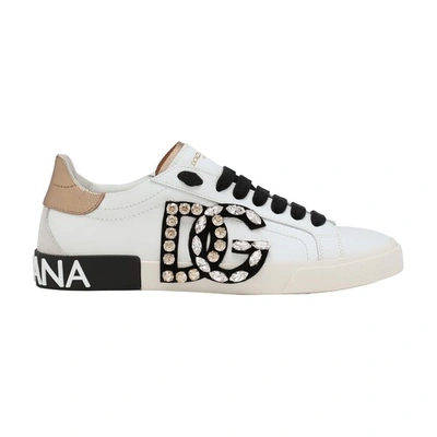 Dolce & Gabbana Portofino Vintage Calfskin Sneakers In White_gold