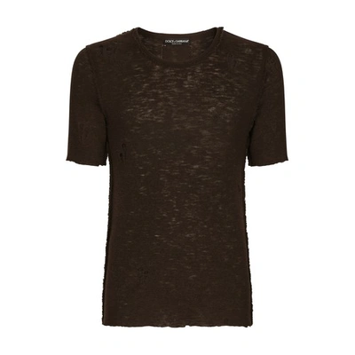 Dolce & Gabbana Round-neck Sweater With Rips In Brown