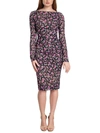 DRESS THE POPULATION WOMENS FLORAL RUCHED MIDI DRESS