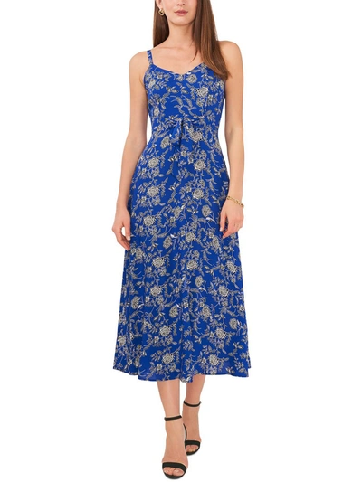 Msk Petites Womens V-neck Tea Midi Dress In Blue