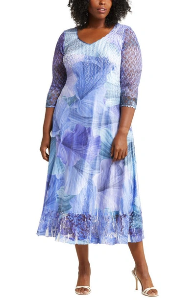 Komarov Floral Chiffon & Charmeuse Cocktail Dress In Blue Leaf Flow