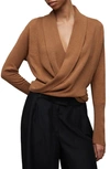 Allsaints Pirate Wrap-over Recycled Cashmere-blend Cardigan In Camel Brown