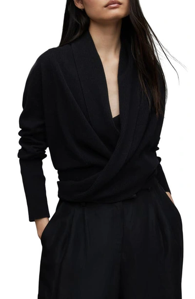 Allsaints Pirate Wrap-over Recycled Cashmere-blend Cardigan In Black