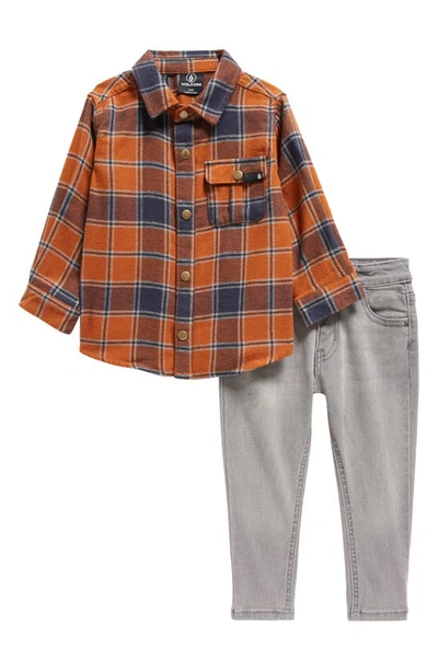 Volcom Babies' Brushed Flannel Button-up Shirt & Jeans Set In Burnt Orange