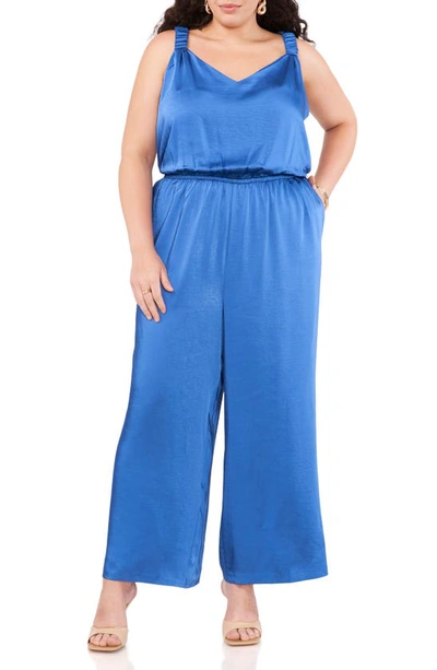 Vince Camuto V-neck Textured Satin Jumpsuit In Sapphire Blue
