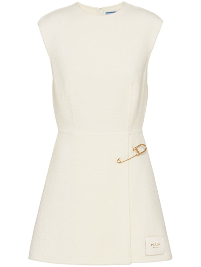 Prada Womens Avorio Safety-pin Logo-patch Wool-blend Shift Dress In Beige Khaki
