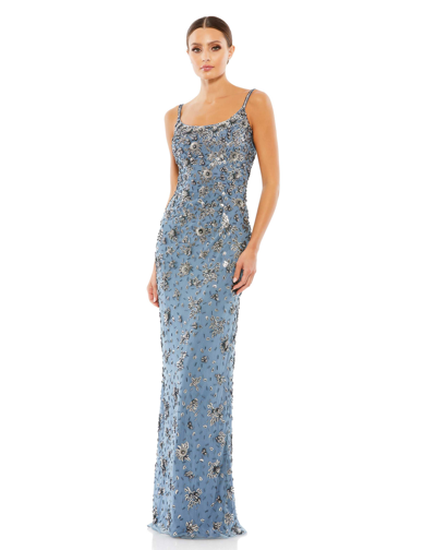 Mac Duggal Floral Embellished Scoop Neck Evening Gown In Slate Grey