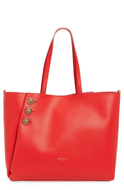 Balmain Emblem Crest Button Calfskin Shopper In Red