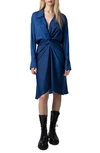 Zadig & Voltaire Rozo Gathered Long Sleeve Satin Dress In Bleu Roi
