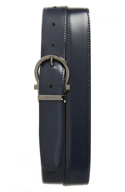 Ferragamo Men's Reversible Leather Gancio Belt In Nero/blue Marine