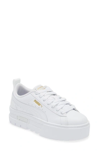 Puma Mayze Leather Little Kids' Shoes In White- Team Gold