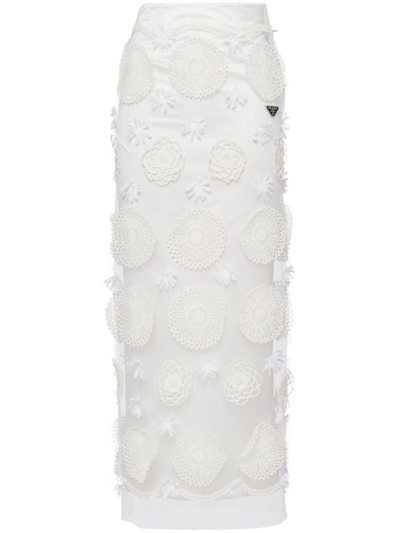 Prada Embroidered Duchesse Maxi-skirt In White
