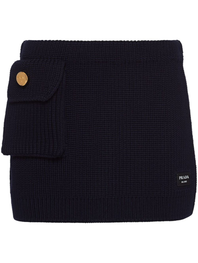 Prada Logo-patch Wool Mini Skirt In Blue