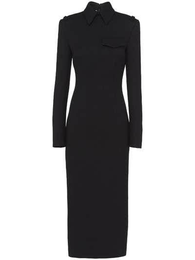Prada Stretch Natté Wool Midi Dress In Black