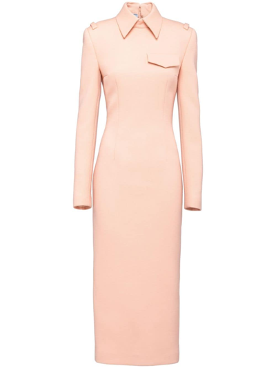 Prada Long-sleeve Wool Sheath Midi Dress In Pink