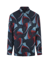 ETRO NAVY BLUE SILK BOWLING SHIRT WITH FLORAL PRINT