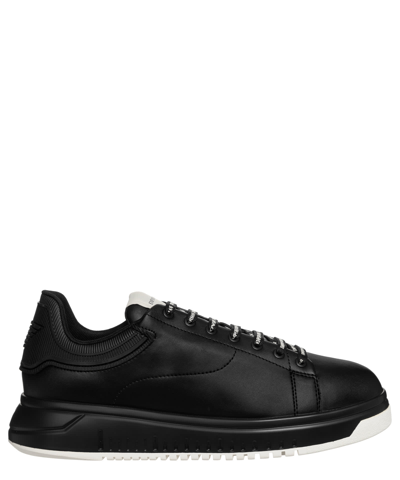 Emporio Armani Soft Leather Sneakers In Black+black