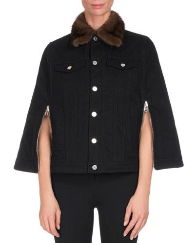 Givenchy Denim Cape W/mink Fur Collar, Black