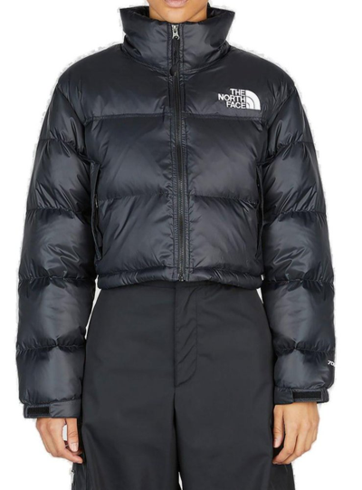 The North Face Nuptse Logo Embroidered Cropped Puffer Jacket In Black