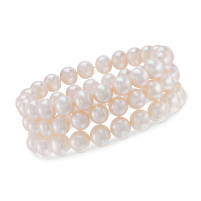 Ross-simons Cultured Pearl Jewelry Set: 3 Stretch Bracelets In Gold