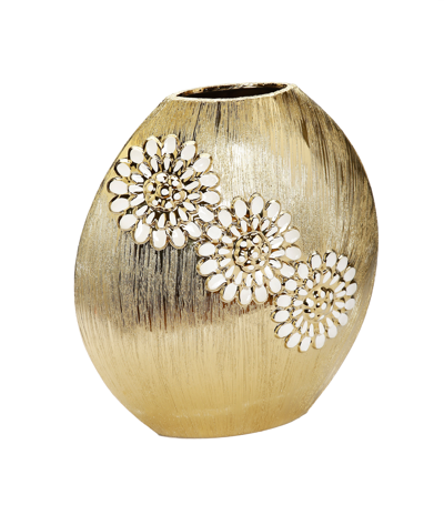 Vivience Round Matte Gold Vase With Textured Flower Design - Small
